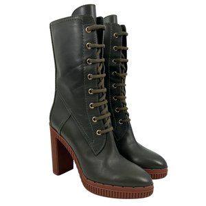 NWOB Tod's Green Leather Lace Up Heeled Boots
